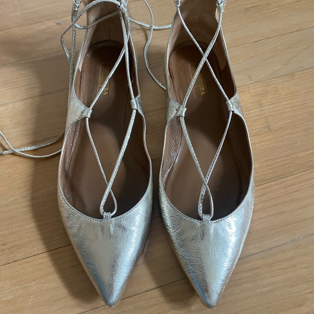 ✨ Aquazzura Metallic Gold Lace-Up Flats – Size 38.5 (Fits US 8)